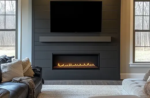 Custom bump-out fireplace design adding a modern, bold focal point to a living room