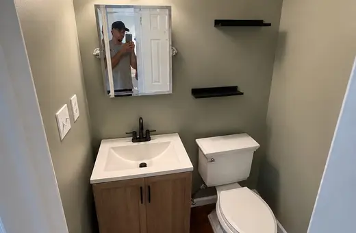 Renovated powder room with a wood vanity, black floating shelves, sage green walls, and dark wood-look flooring